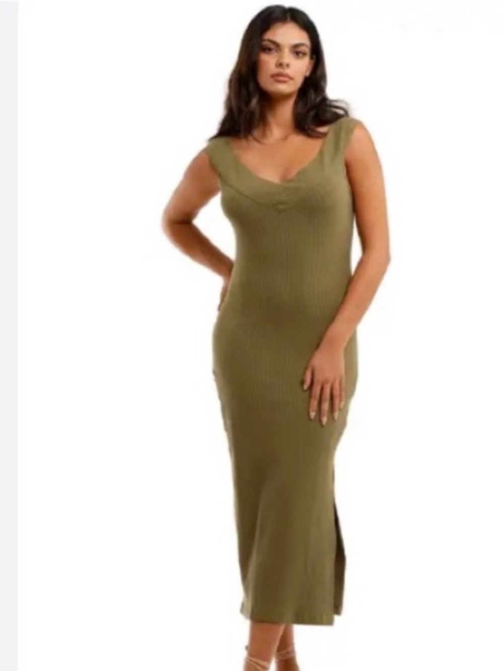 Spell Olive Green Ribbed V-Neck Maxi Dress